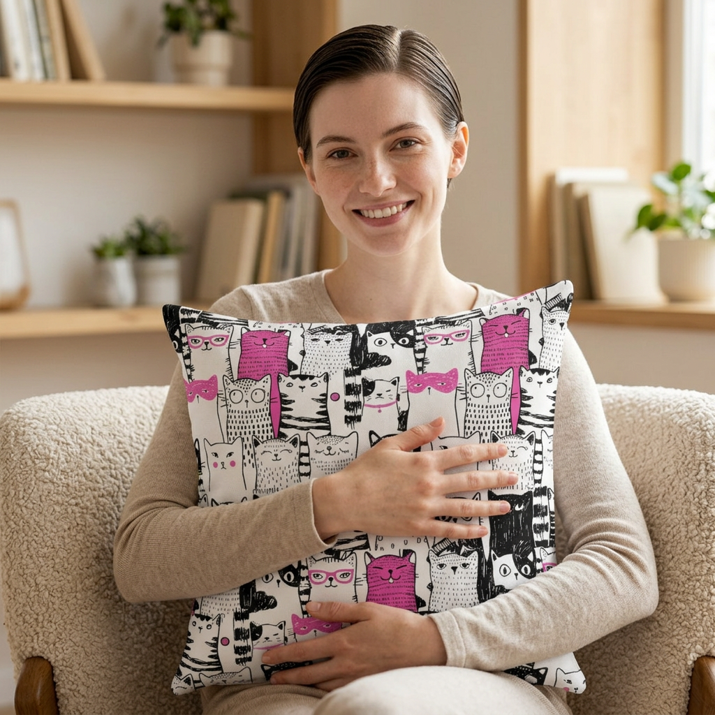 Square throw pillow with black-and-white cartoon cat pattern with bright pink color pop 