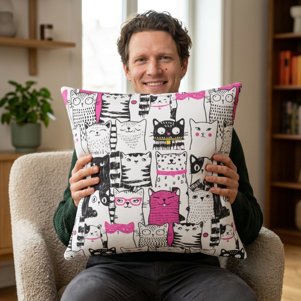 Square throw pillow with black-and-white cartoon cat pattern with bright pink color pop 