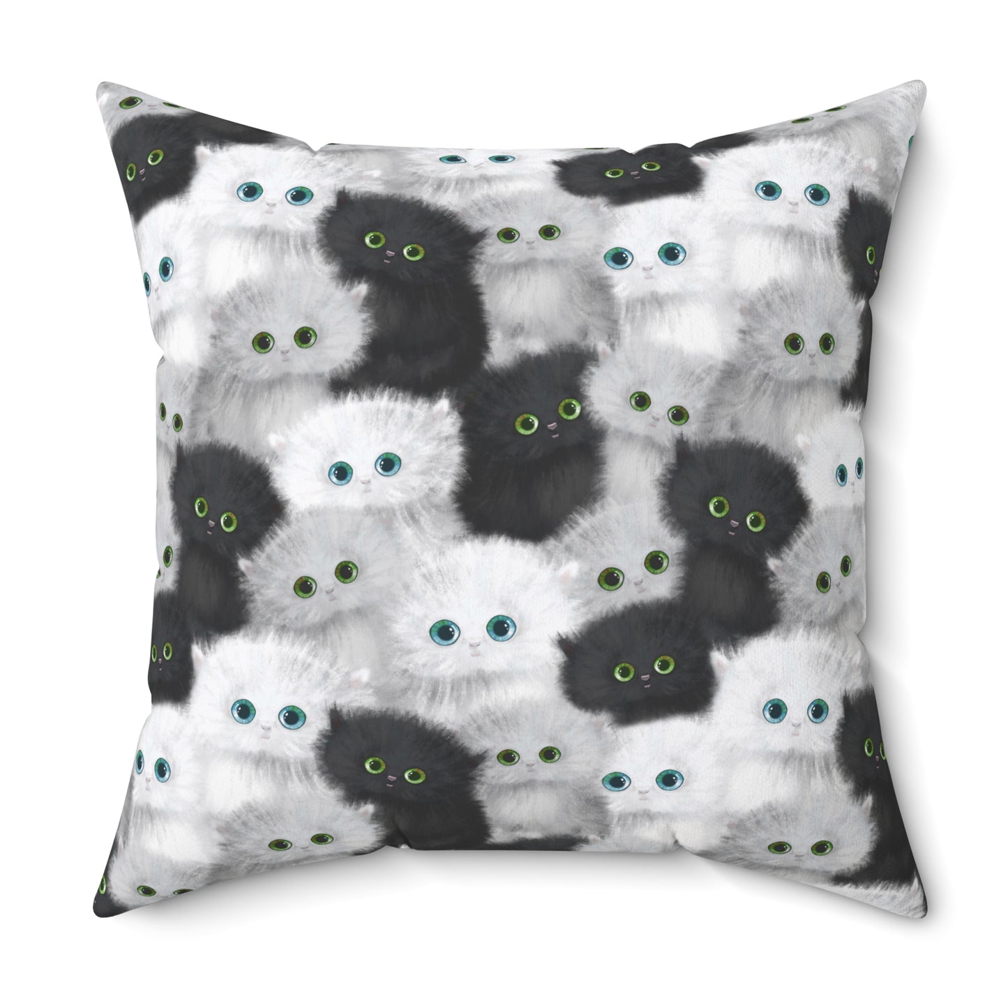 Square throw pillow with black and white fluffy kittens motif