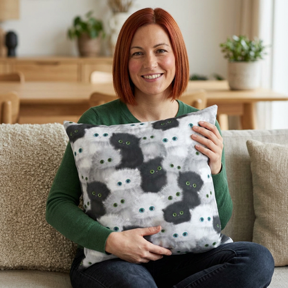 Square throw pillow with black and white fluffy kittens motif