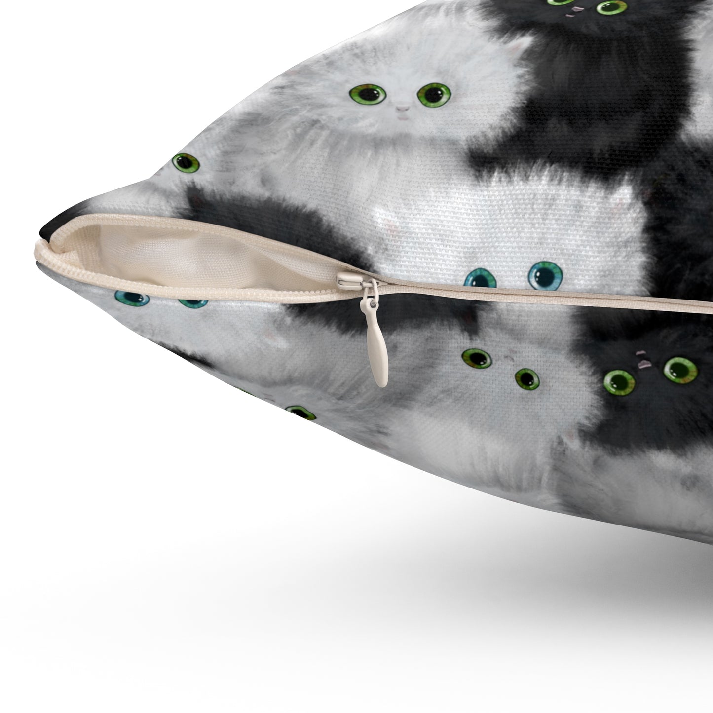 Square throw pillow with black and white fluffy kittens motif