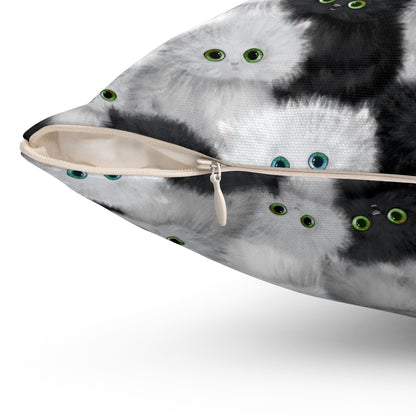 Square throw pillow with black and white fluffy kittens motif