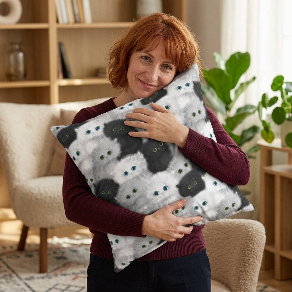 Square throw pillow with black and white fluffy kittens motif