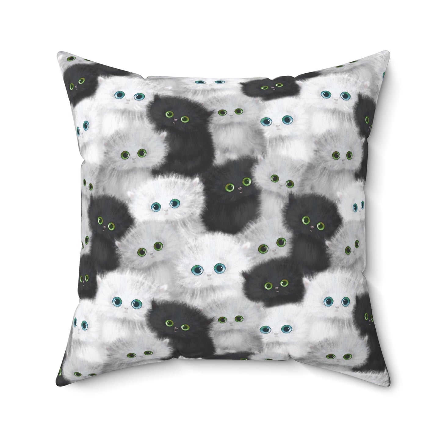 Square throw pillow with black and white fluffy kittens motif