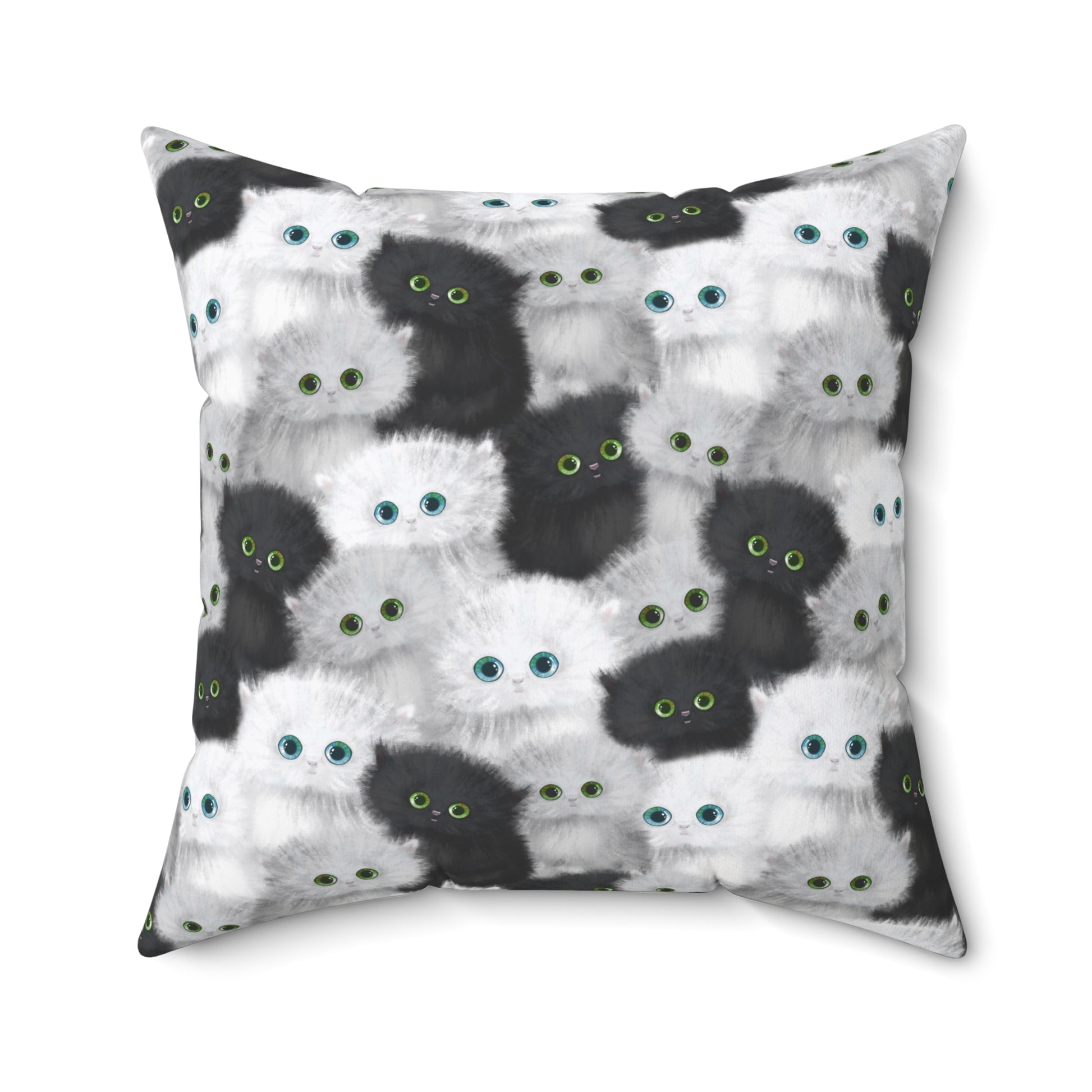 Square throw pillow with black and white fluffy kittens motif