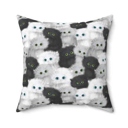 Square throw pillow with black and white fluffy kittens motif