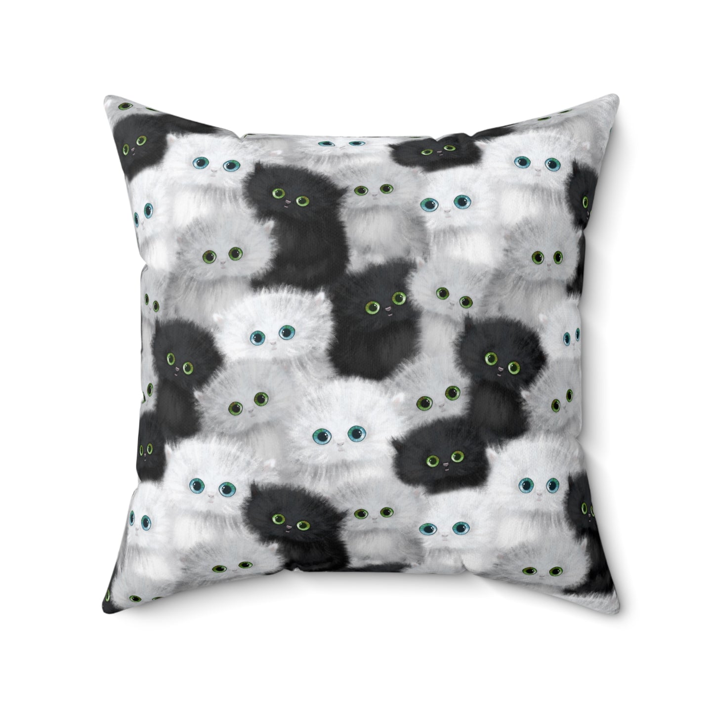 Square throw pillow with black and white fluffy kittens motif