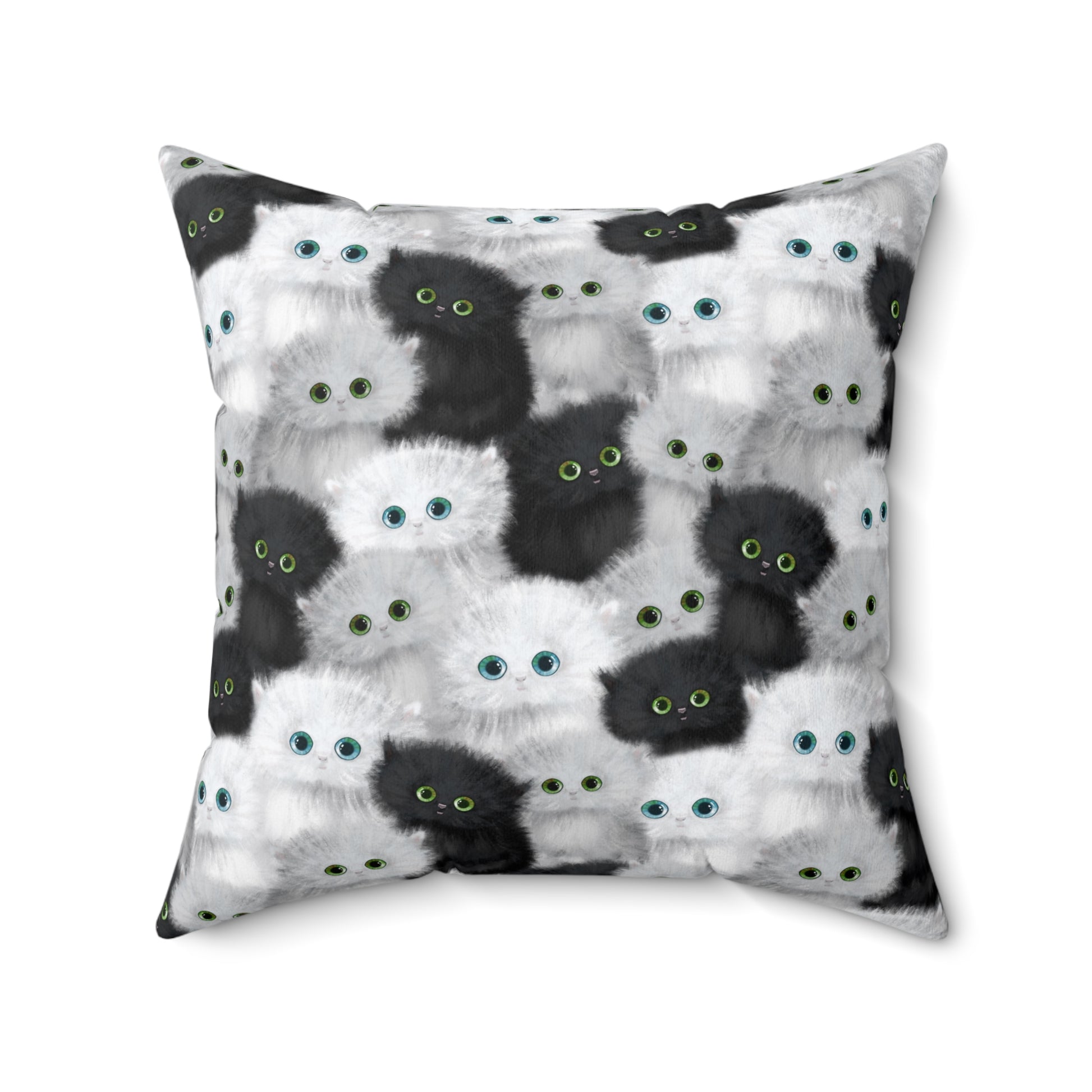 Square throw pillow with black and white fluffy kittens motif