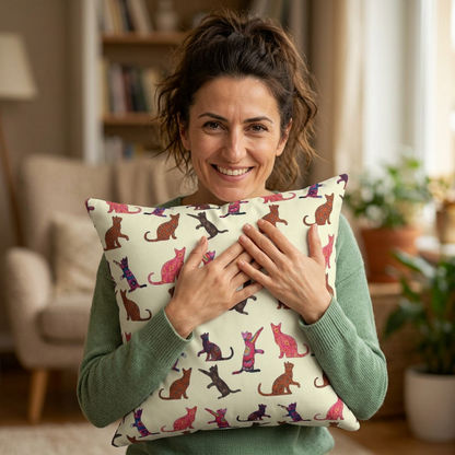 Square throw pillow with cat silhouette motif