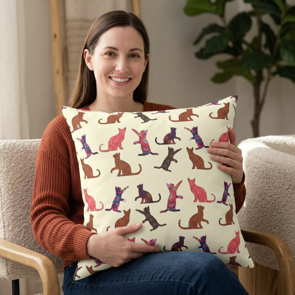 Square throw pillow with cat silhouette motif