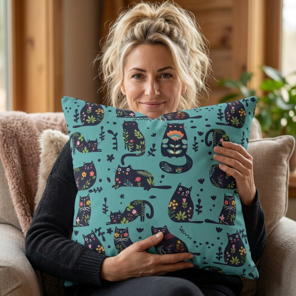 Square throw  pillow with illustrated cartoon cats and floral petal motif on a teal background