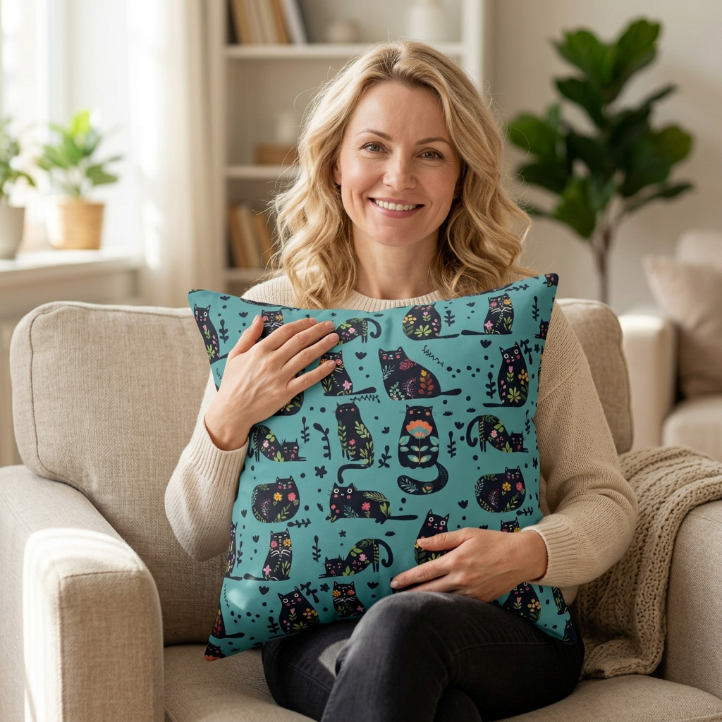 Square throw  pillow with illustrated cartoon cats and floral petal motif on a teal background