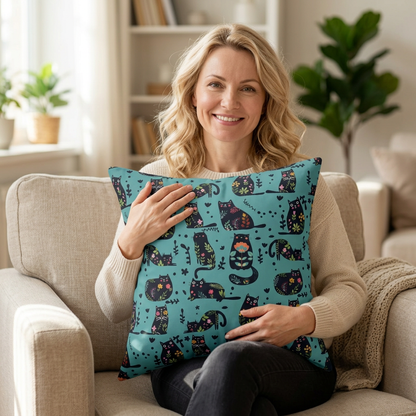 Square throw  pillow with illustrated cartoon cats and floral petal motif on a teal background
