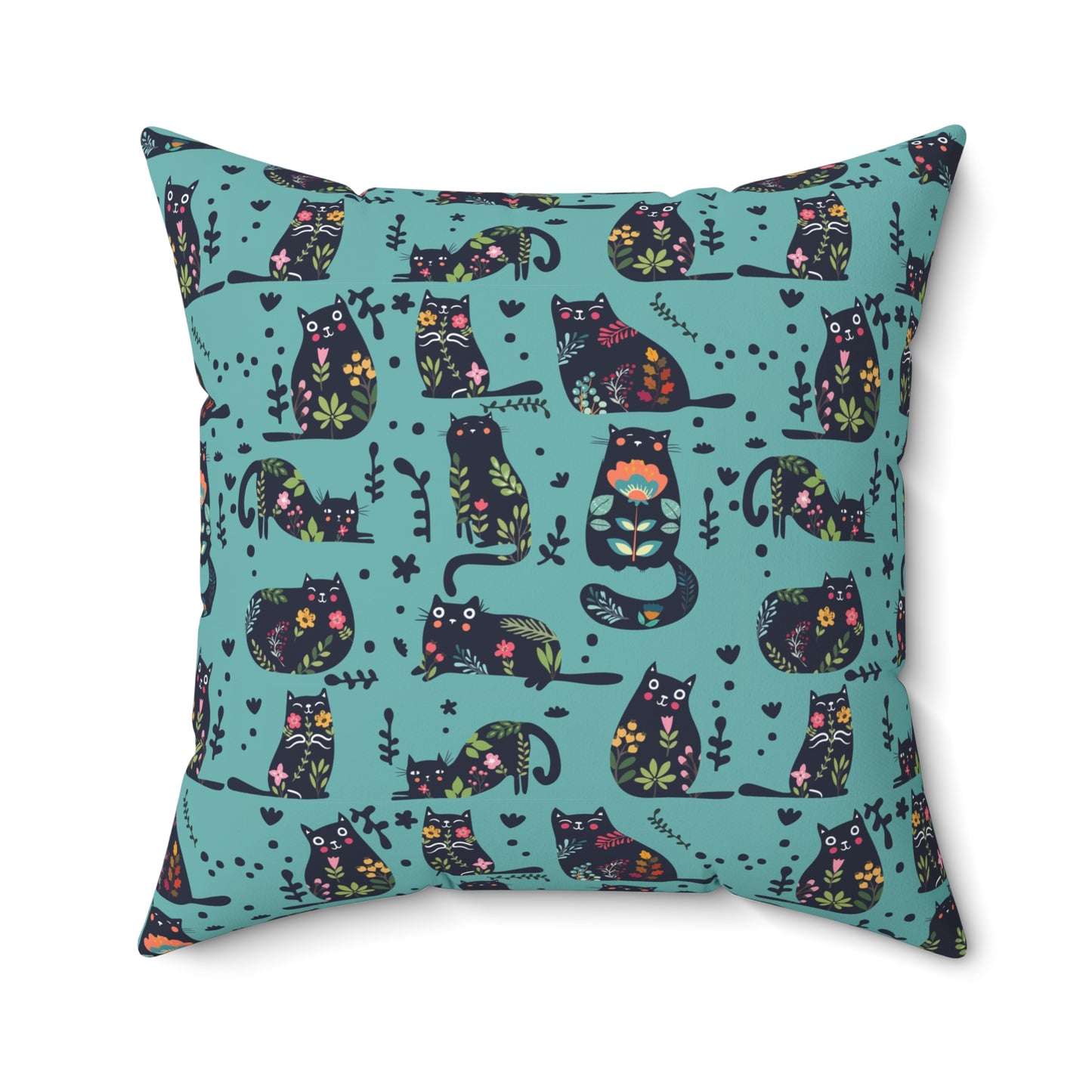 Square throw  pillow with illustrated cartoon cats and floral petal motif on a teal background