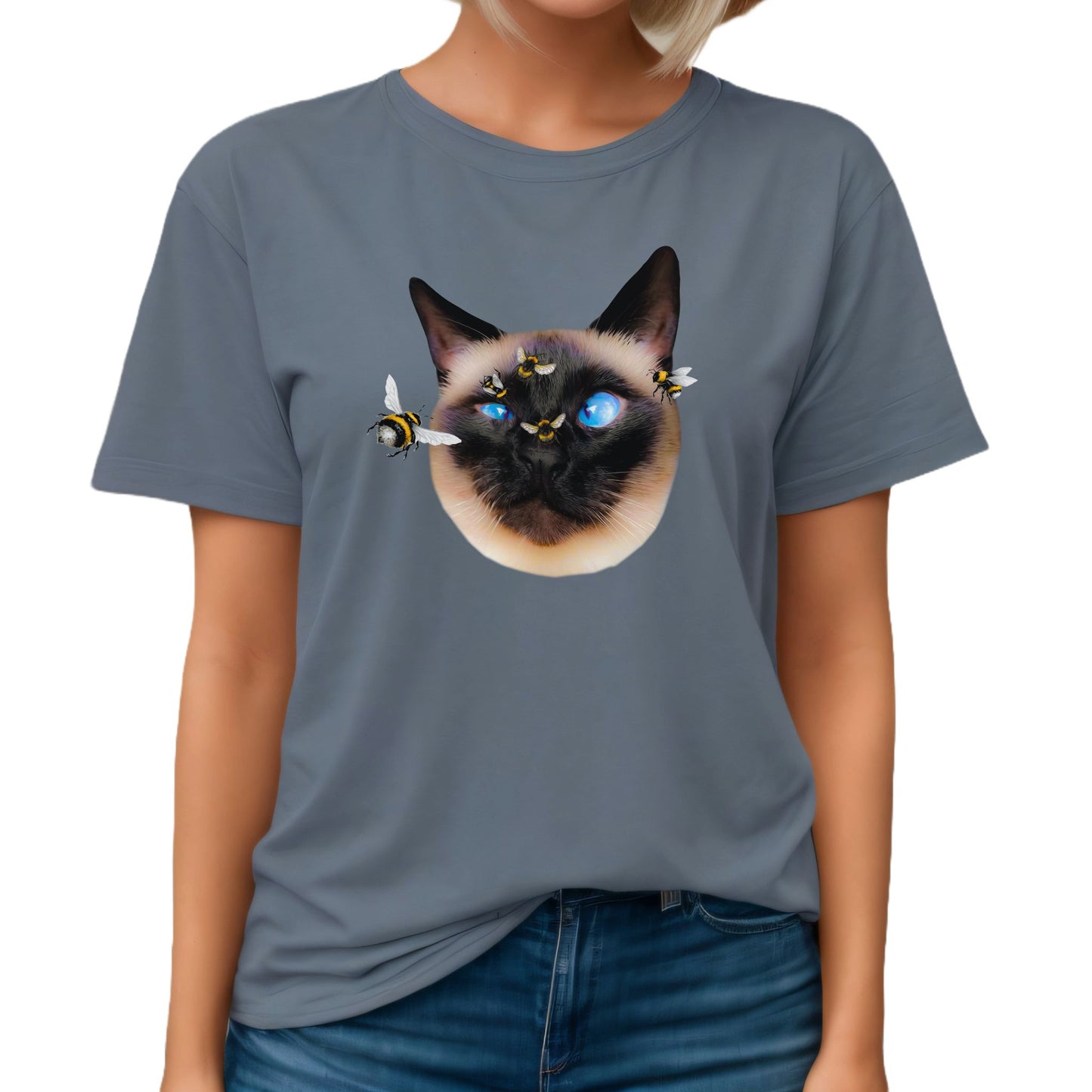 Steel Blue Buzz_Off_Siamese_Cat_T-Shirt Unisex Crew Neck