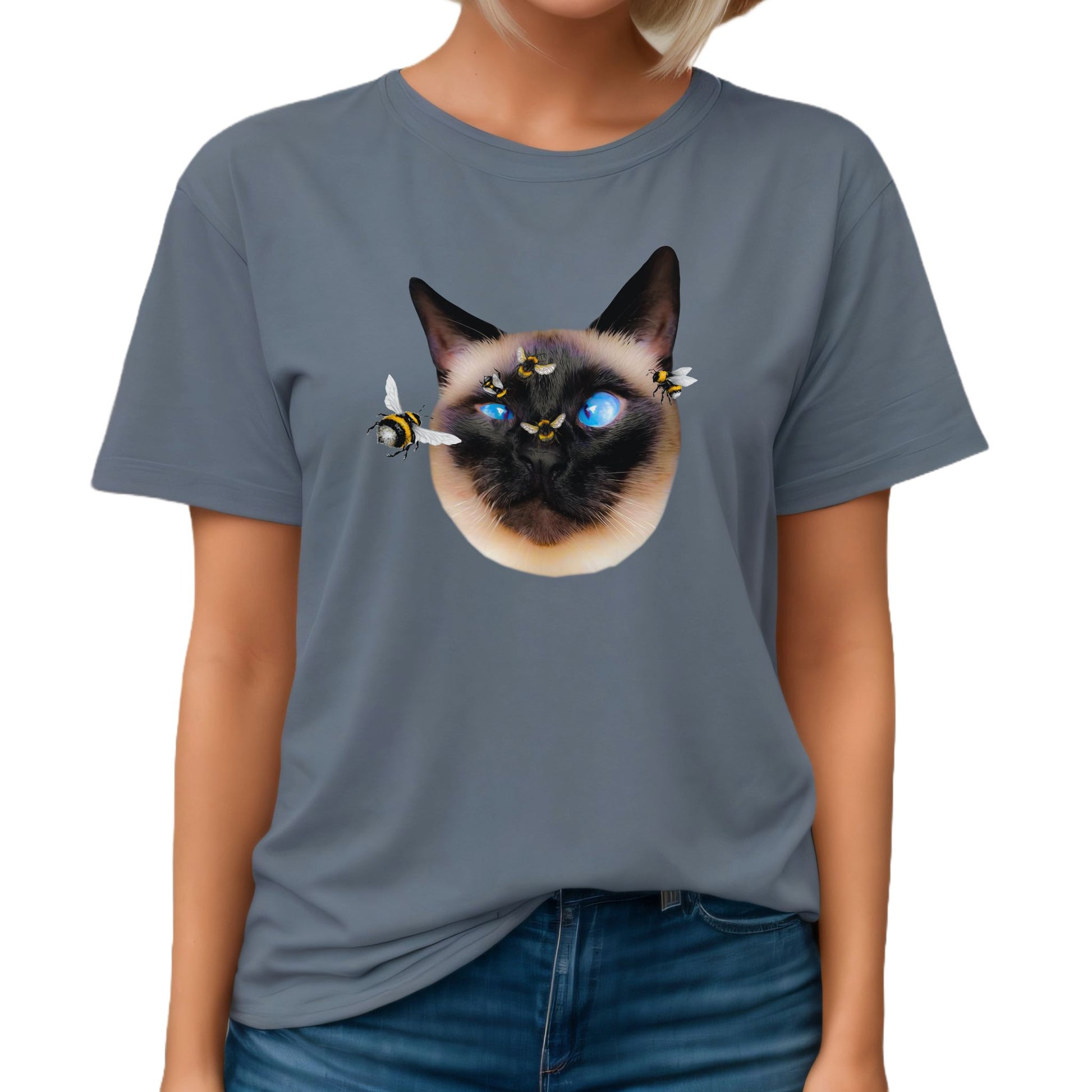 Steel Blue Buzz_Off_Siamese_Cat_T-Shirt Unisex Crew Neck