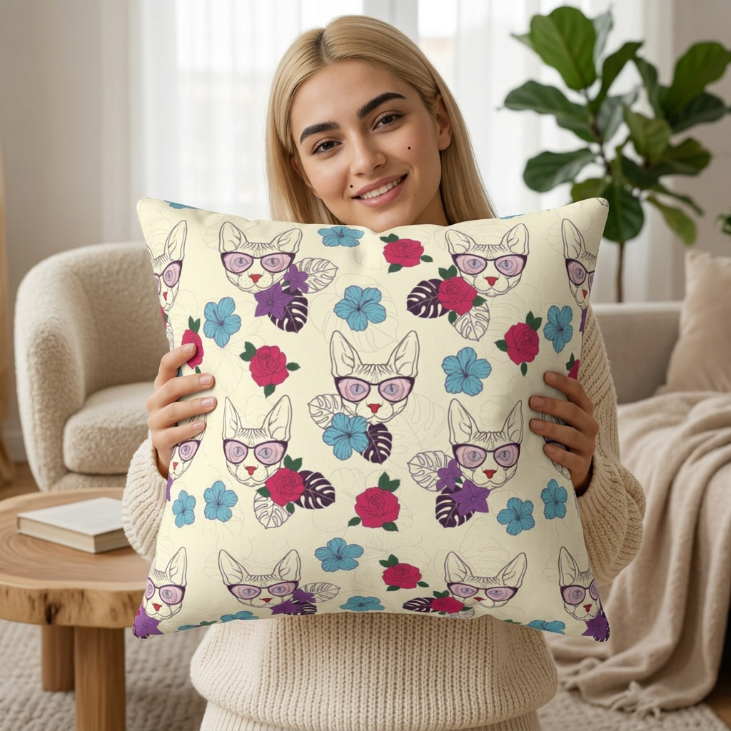Throw pillow with cartoon Sphynx cats & flowers pattern