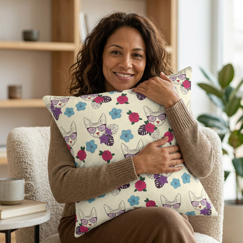 Throw pillow with cartoon Sphynx cats & flowers pattern