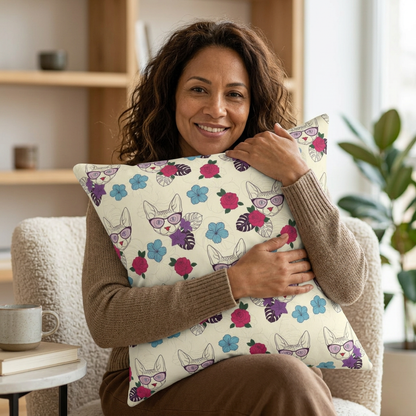 Throw pillow with cartoon Sphynx cats & flowers pattern