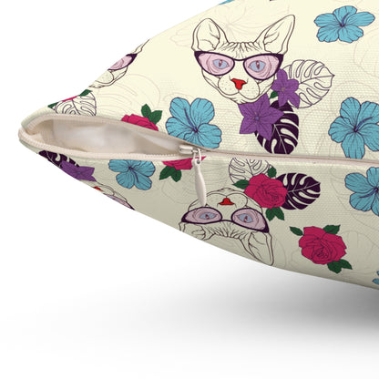 Throw pillow with cartoon Sphynx cats & flowers pattern