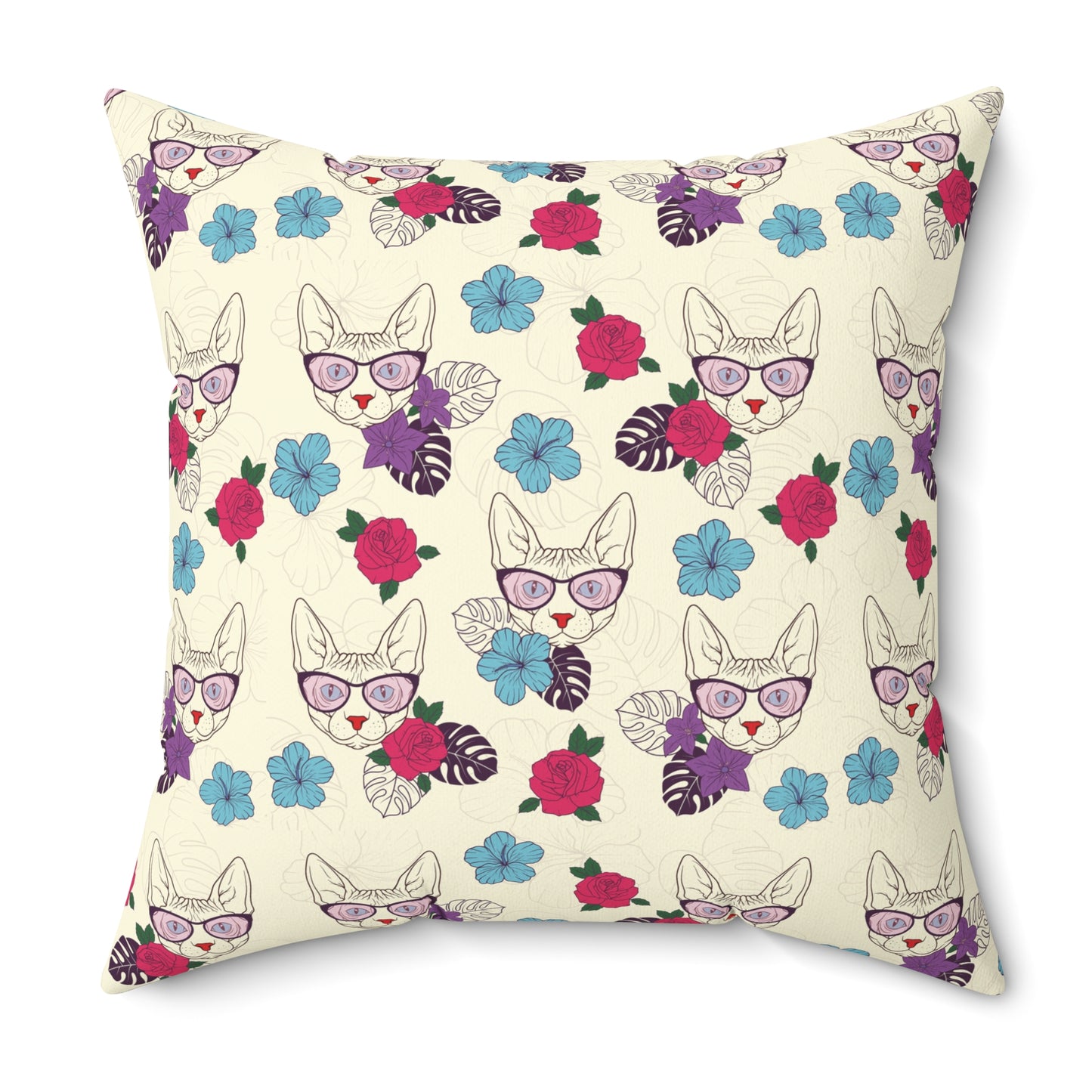 Throw pillow with cartoon Sphynx cats & flowers pattern
