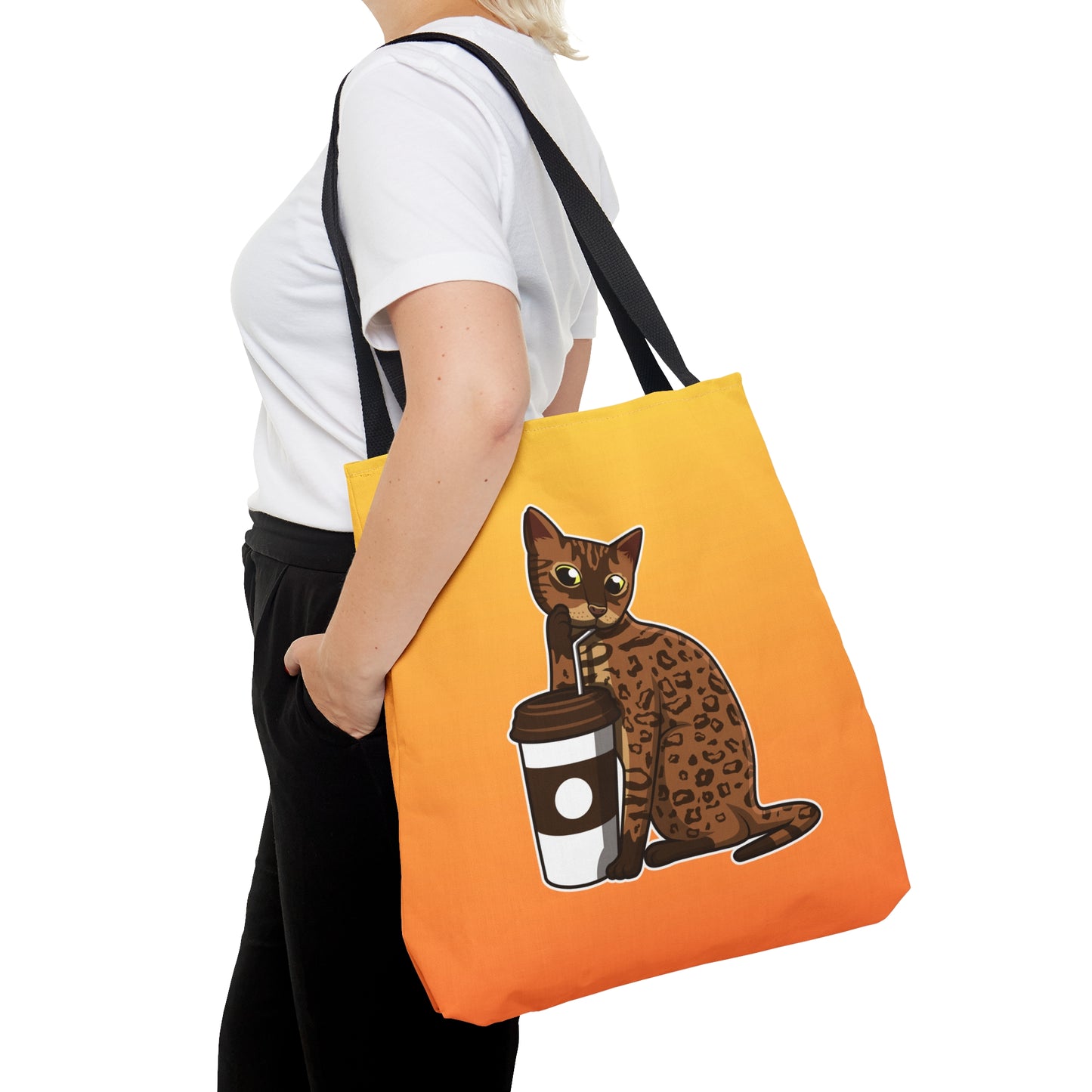 Yellow Tote Bag Featuring A Cartoon Bengal Cat Drinking Through A Straw. 
