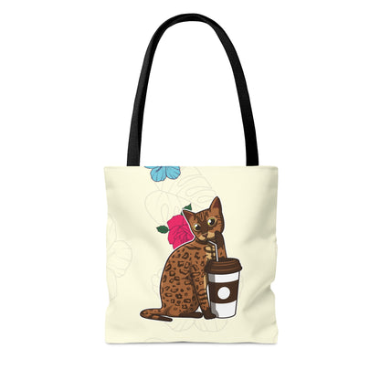 Cream Tote Bag Of A Cartoon Bengal Cat Drinking Through A Straw And Flowers Design