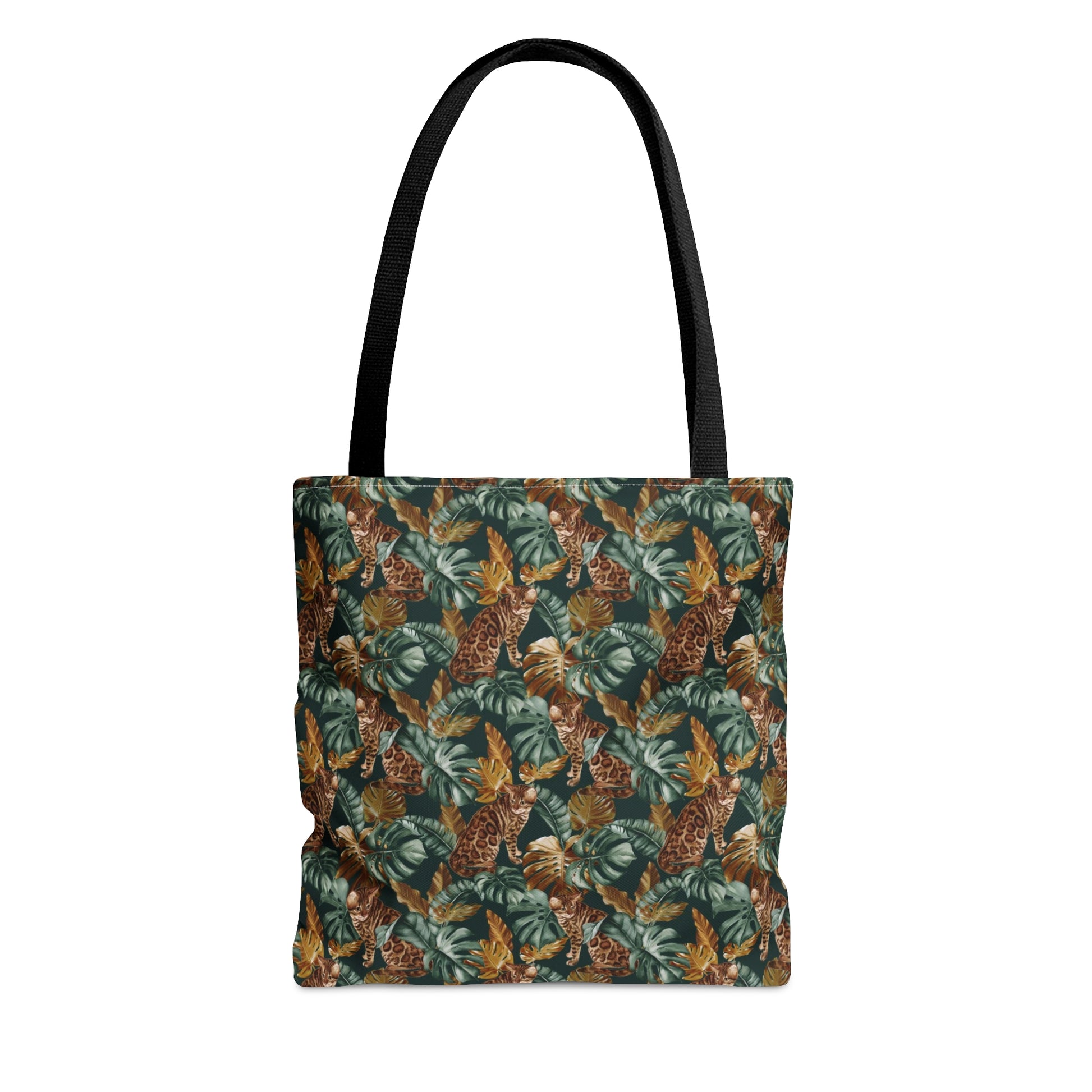 Tote bag with a Bengal cat and leaf pattern.