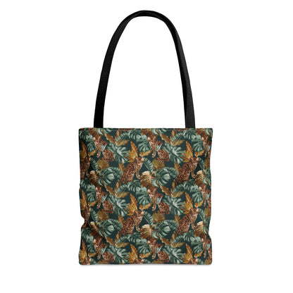 Tote bag with a Bengal cat and leaf pattern.