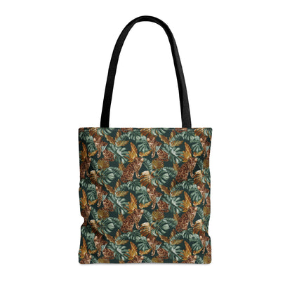 Tote bag with a Bengal cat and leaf pattern.