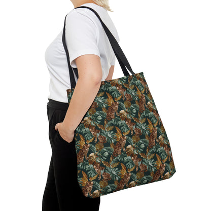 Tote bag with a Bengal cat and leaf pattern.