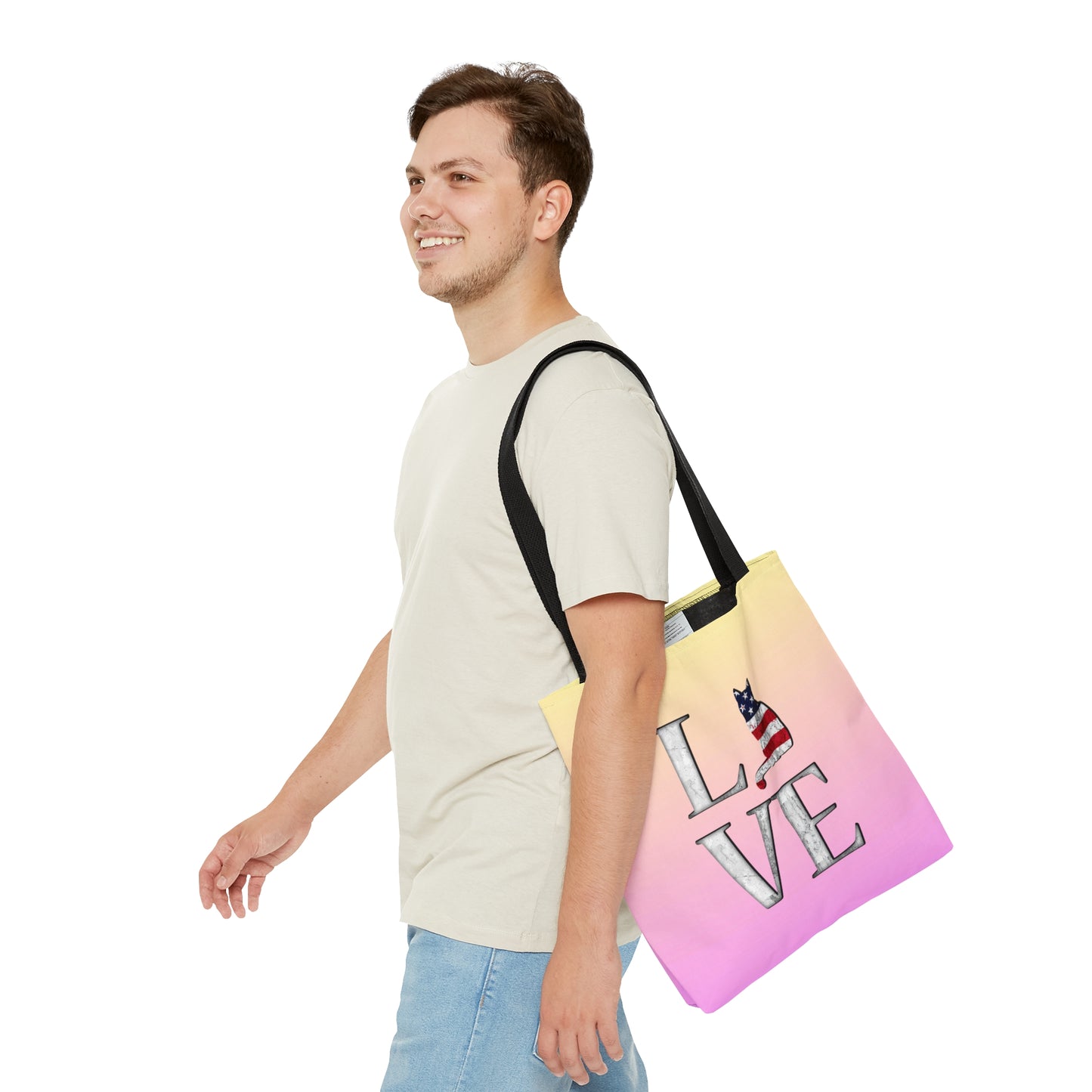 Pink & yellow colored Tote bag with 'LOVE' text  and cat silhouettes with a Stars & Stripes theme