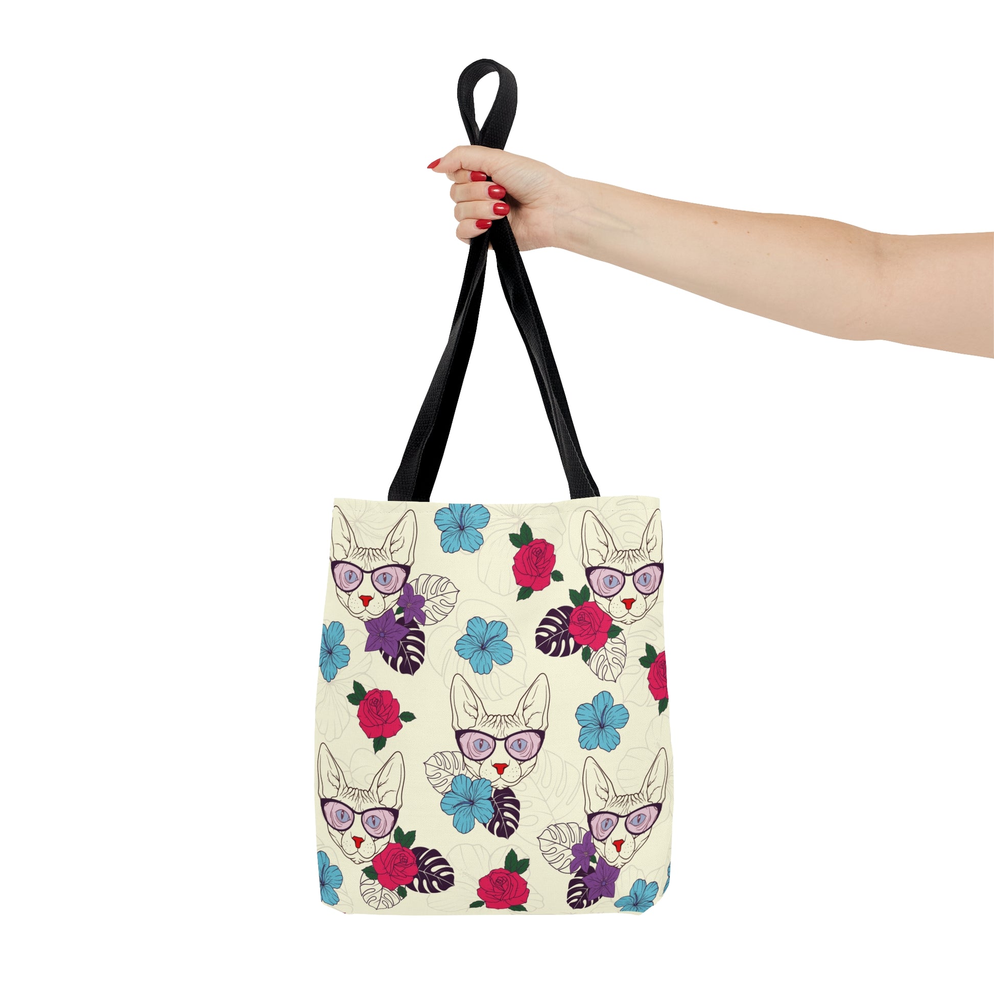 Tote bag with Sphynx cat and flower pattern on a cream background