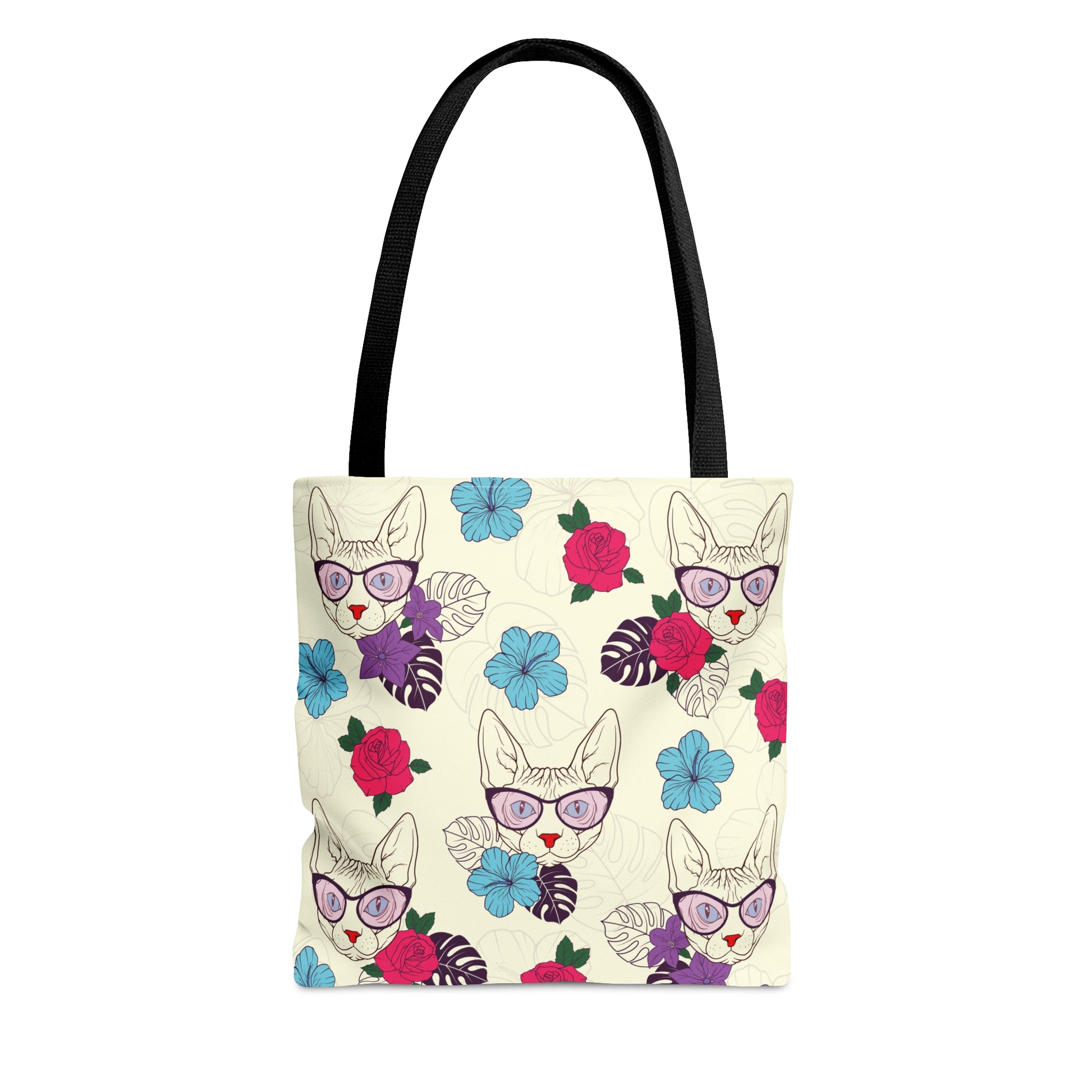 Tote bag with Sphynx cat and flower pattern on a cream background