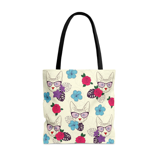 Tote bag with Sphynx cat and flower pattern on a cream background