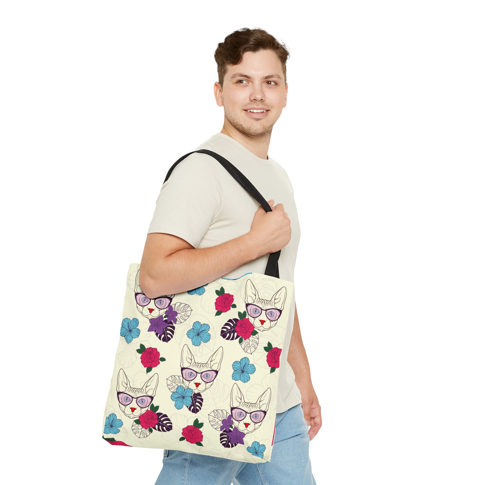 Tote bag with Sphynx cat and flower pattern on a cream background