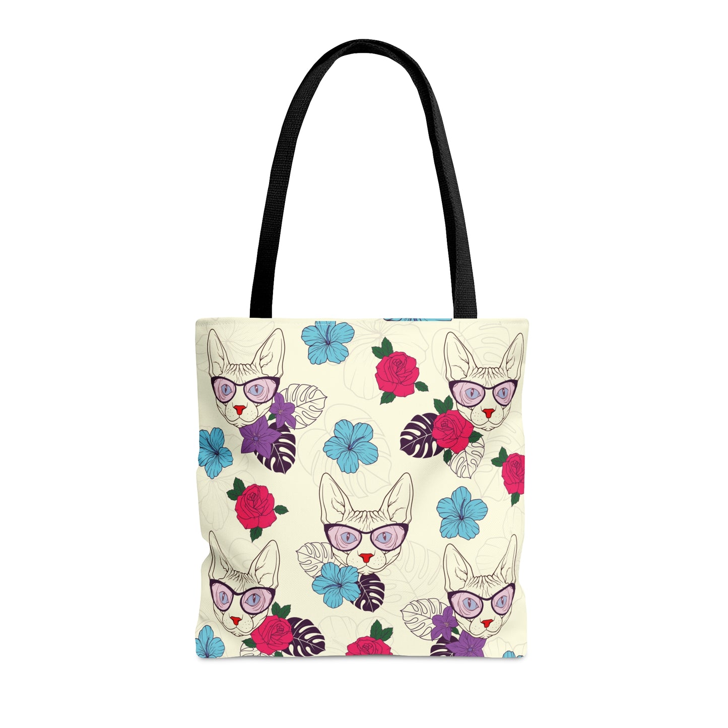 Tote bag with Sphynx cat and flower pattern on a cream background