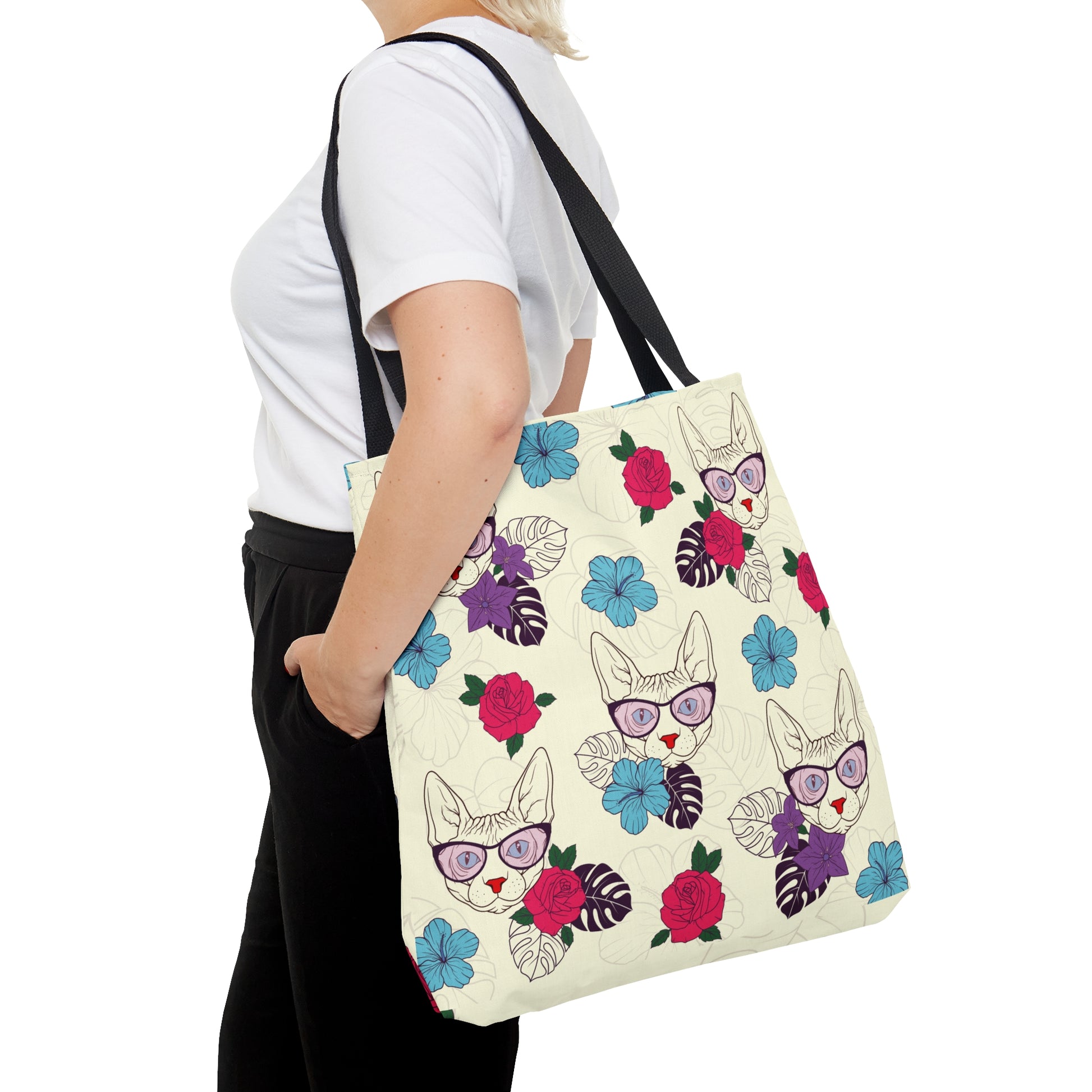 Tote bag with Sphynx cat and flower pattern on a cream background