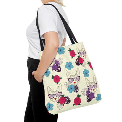 Tote bag with Sphynx cat and flower pattern on a cream background