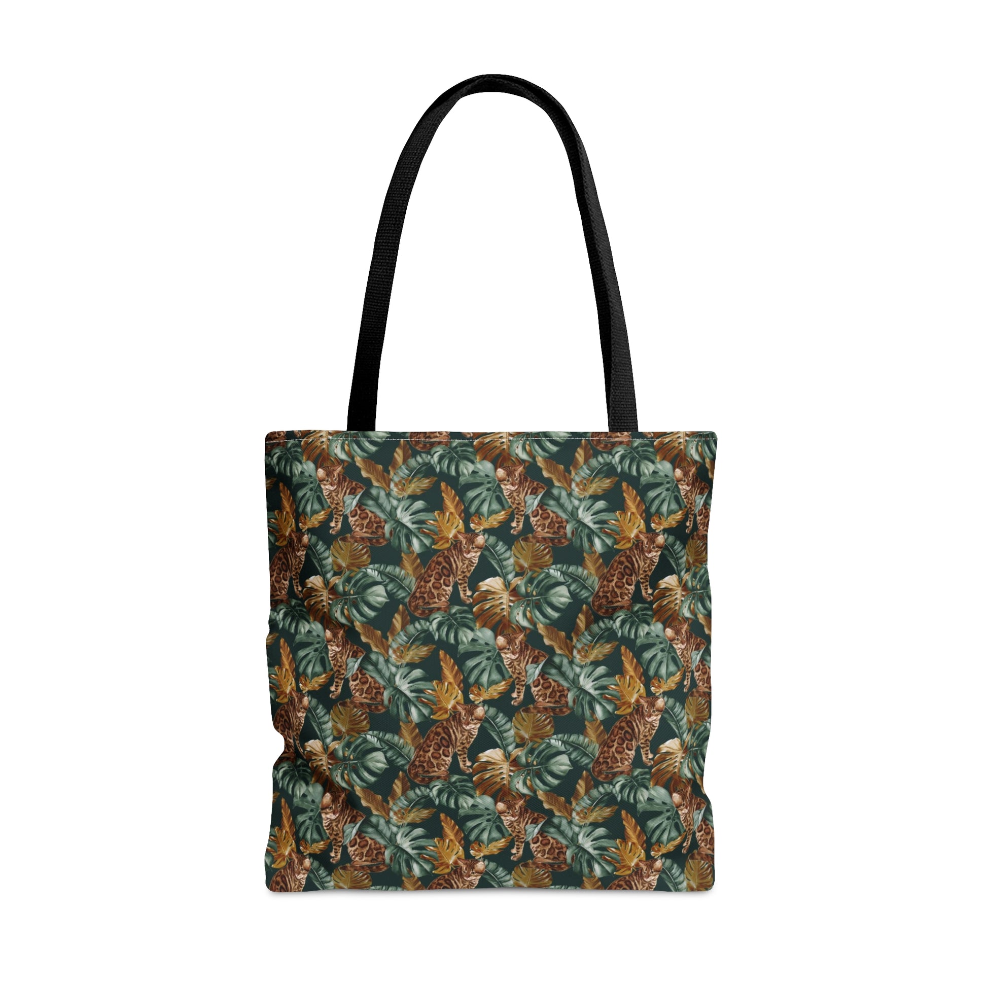 Tote bag with a Bengal cat and leaf pattern.