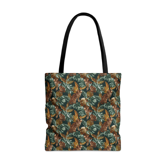 Tote bag with a Bengal cat and leaf pattern.