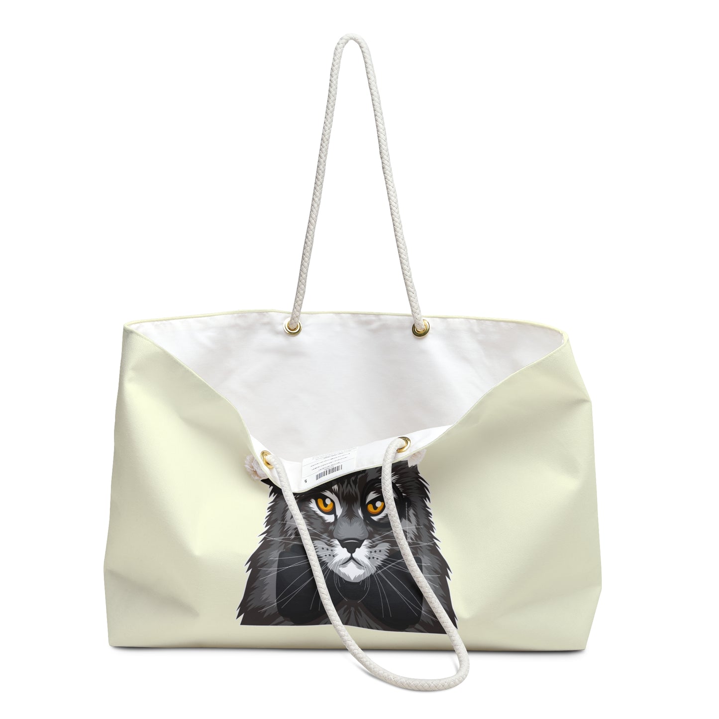 Tote bag with a Maine Coon cat wearing a top hat and bow tie design with the text "Cat Addict."