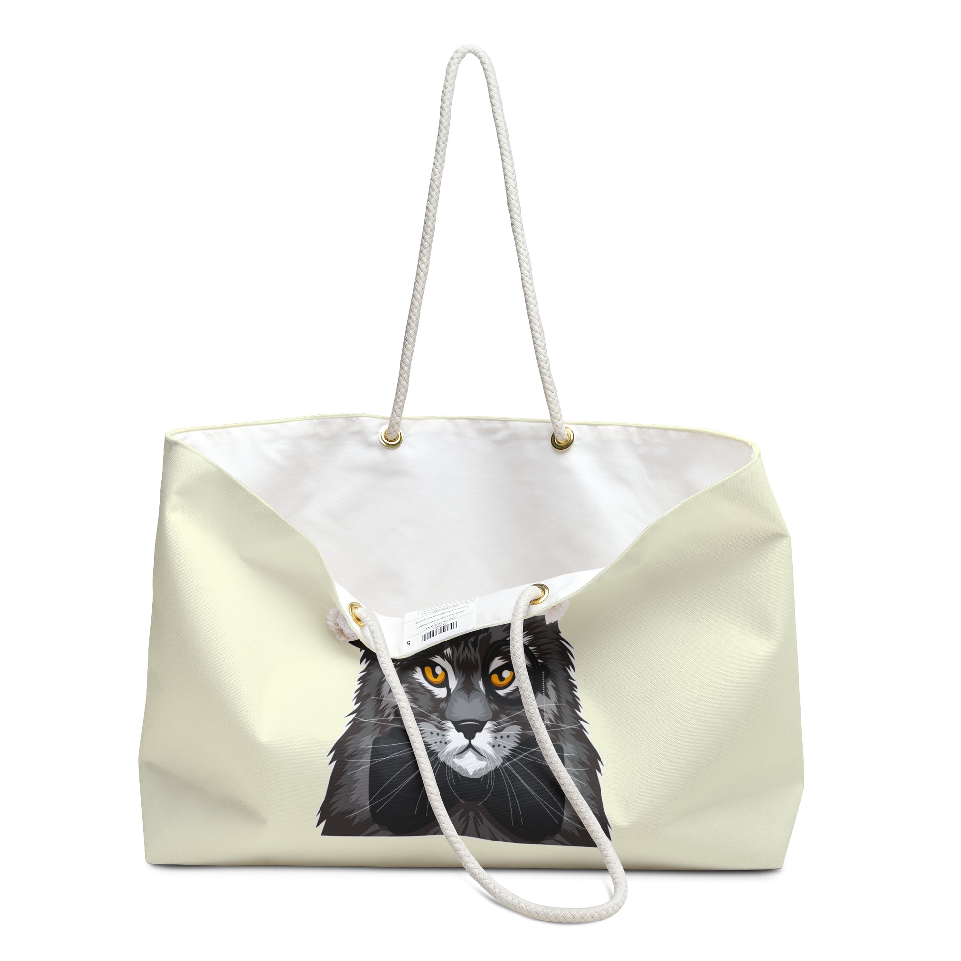 Tote bag with a Maine Coon cat wearing a top hat and bow tie design with the text "Cat Addict."