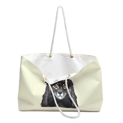Tote bag with a Maine Coon cat wearing a top hat and bow tie design with the text "Cat Addict."