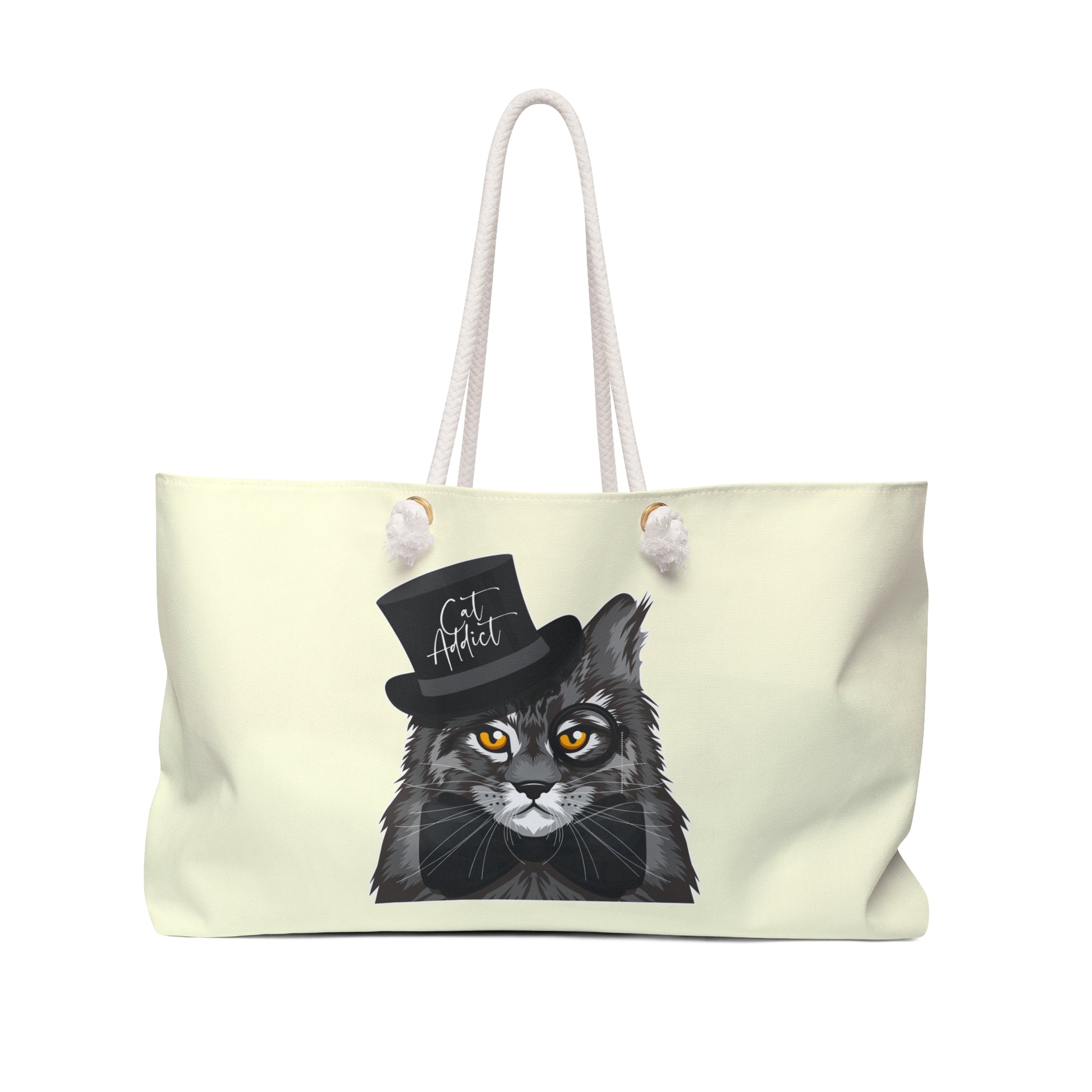 Tote bag with a Maine Coon cat wearing a top hat and bow tie design with the text "Cat Addict."