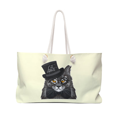 Tote bag with a Maine Coon cat wearing a top hat and bow tie design with the text "Cat Addict."