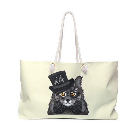 Tote bag with a Maine Coon cat wearing a top hat and bow tie design with the text "Cat Addict."