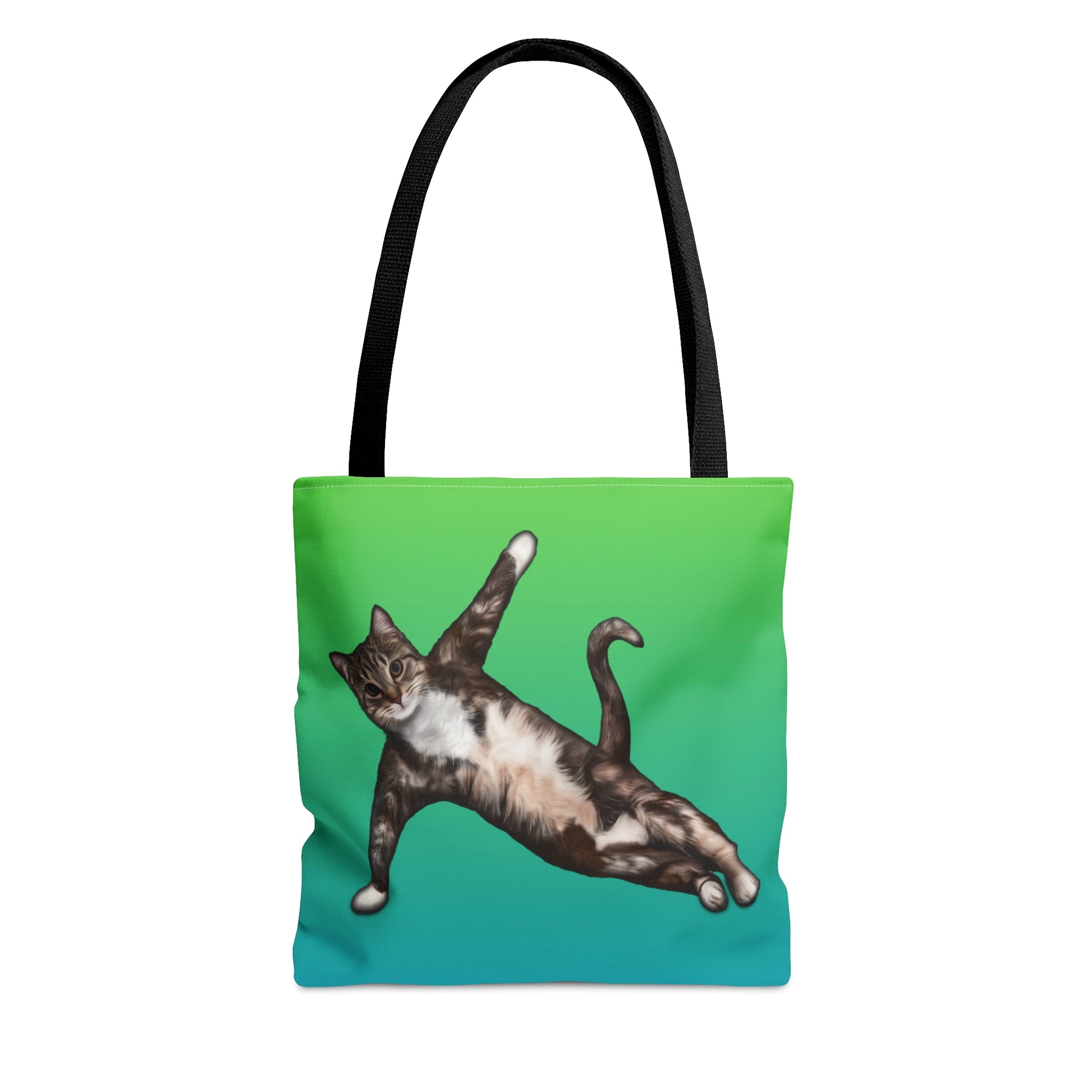 Tote bag with a cat in a yogi pose on a green gradient background