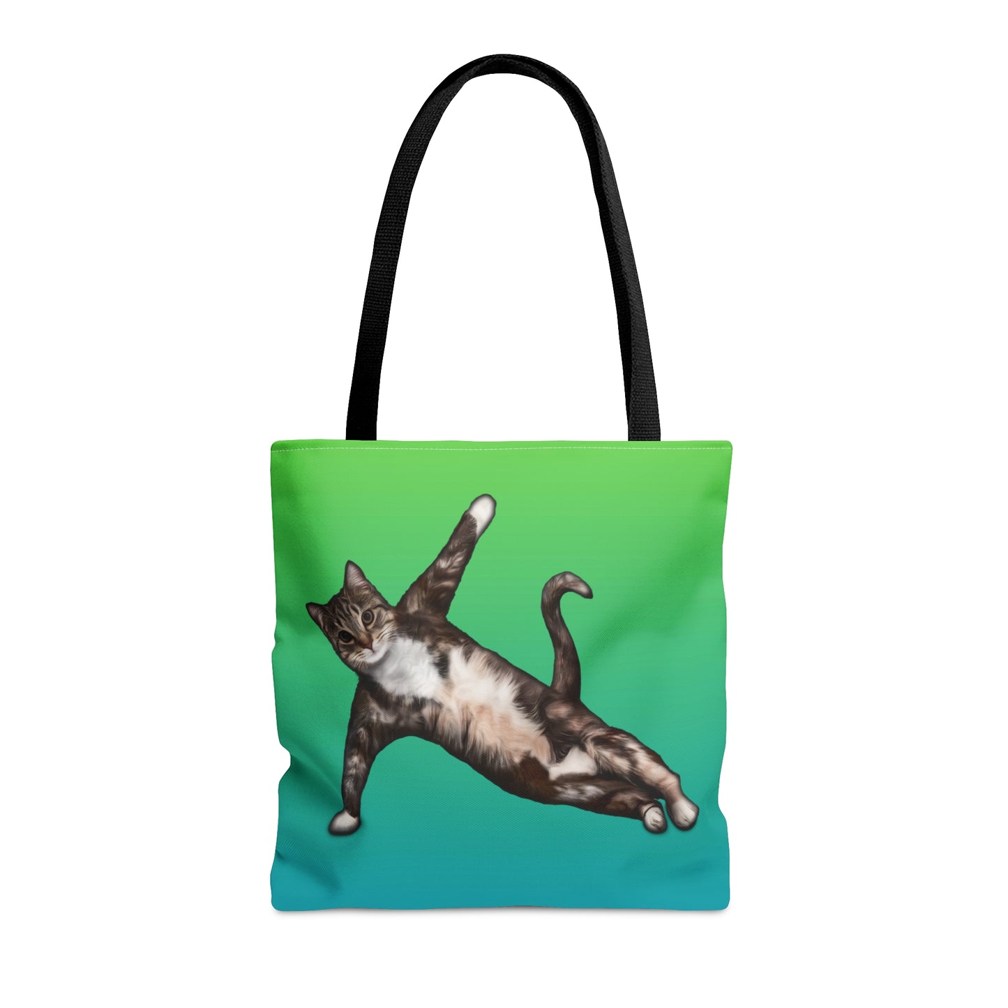 Tote bag with a cat in a yogi pose on a green gradient background