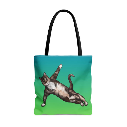 Tote bag with a cat in a yogi pose on a green gradient background